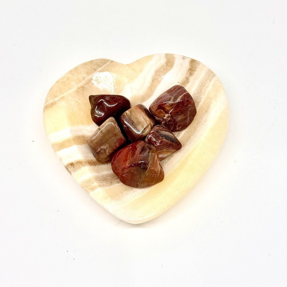 Banded‎ Calcite Heart Bowl with Cherry Creek Jasper Tumbled Stones Set